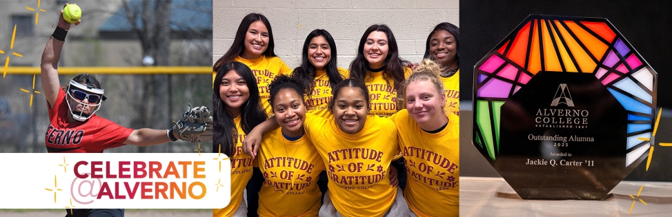 Collage image of Alverno softball player, group of students, and alum award