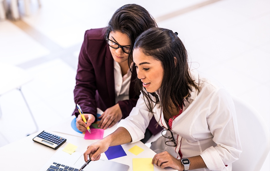 Two business students working together on laptop