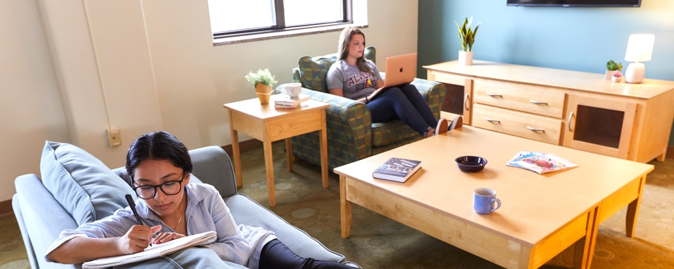 Two students studying in a Clare Hall lounge