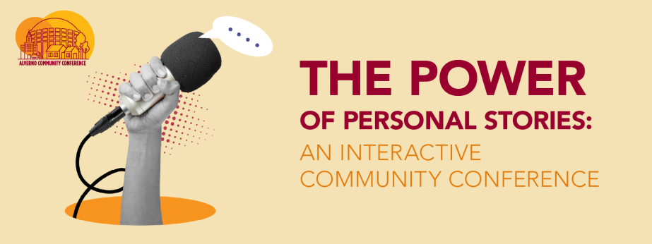 Graphic image of hand holding microphone, conference logo and title